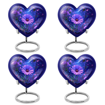 Icy Blue Daisy Cremation Urn angled view of lid and engraved motif - heart-shaped daisy design symbolizing eternal love - 10 inch aluminum urn for cremated remains