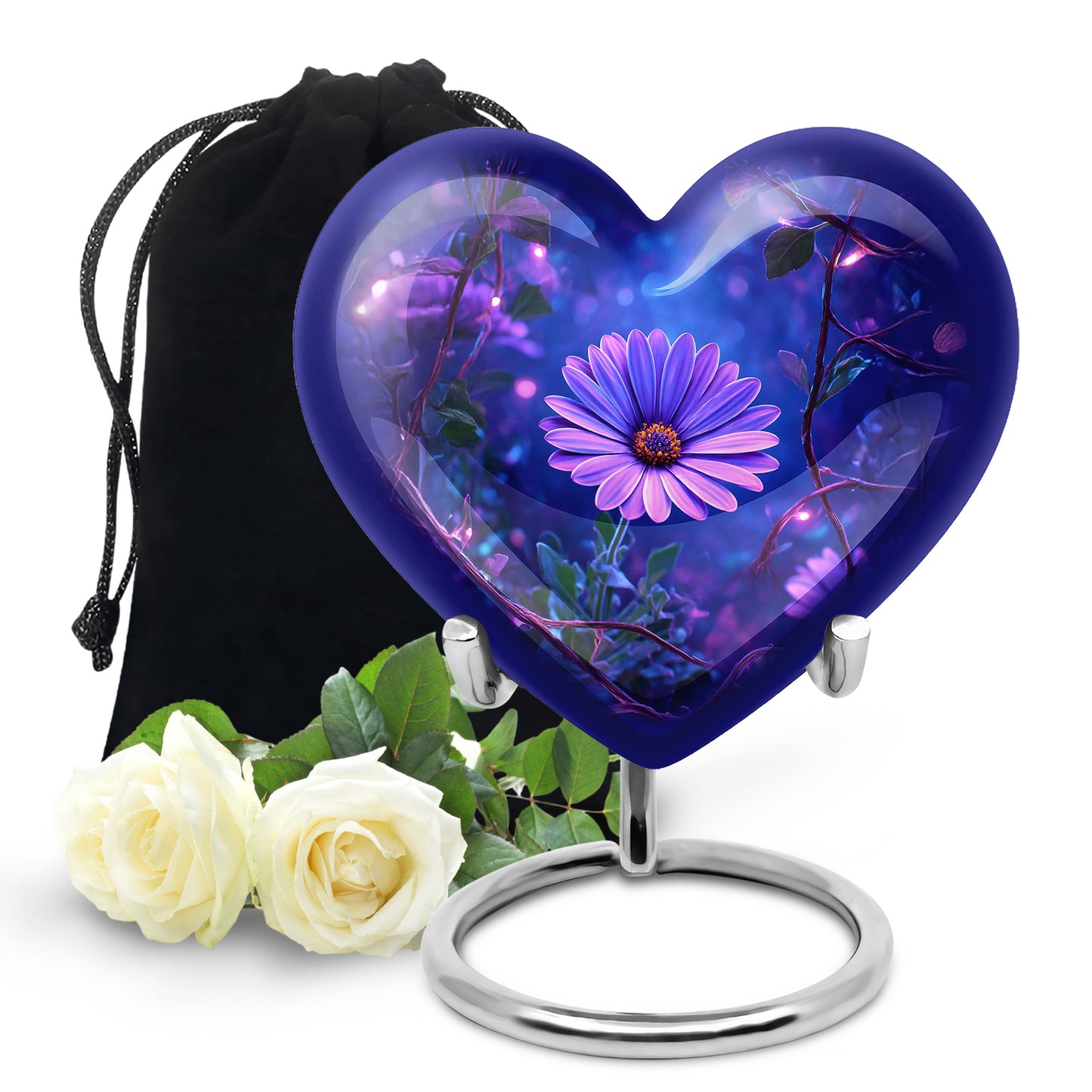 Sapphire Blue Daisy Cremation Urn detail view - romantic heart urn with daisy motif on aluminum - full-size 10 inch 200 cubic inch adult cremation urn