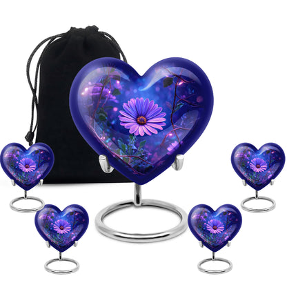 Azure Daisy Cremation Urn close-up of engraving and surface detail - heart-shaped daisy design symbolizing eternal love - memorial set with one large and four small urns