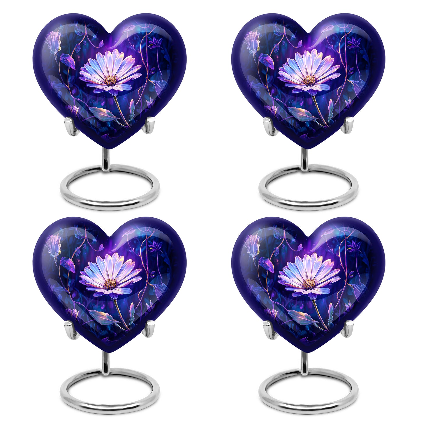 Indigo Daisy Cremation Urn angled view of lid and engraved motif - loving heart memorial featuring daisy pattern - 10 inch aluminum urn for cremated remains