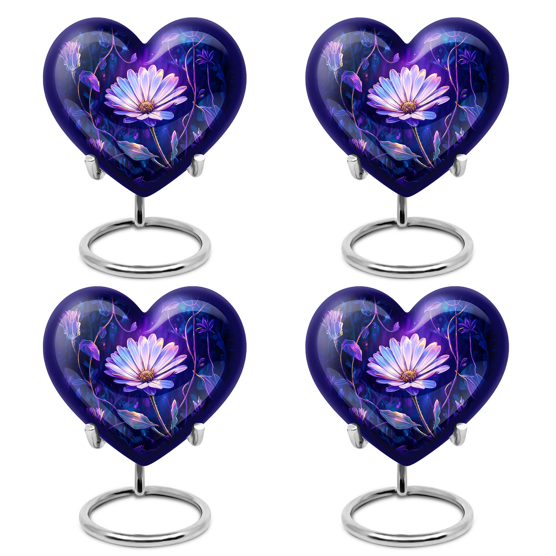 Indigo Daisy Cremation Urn angled view of lid and engraved motif - loving heart memorial featuring daisy pattern - 10 inch aluminum urn for cremated remains