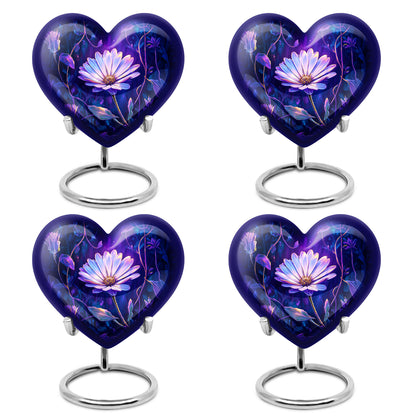 Indigo Daisy Cremation Urn angled view of lid and engraved motif - loving heart memorial featuring daisy pattern - 10 inch aluminum urn for cremated remains