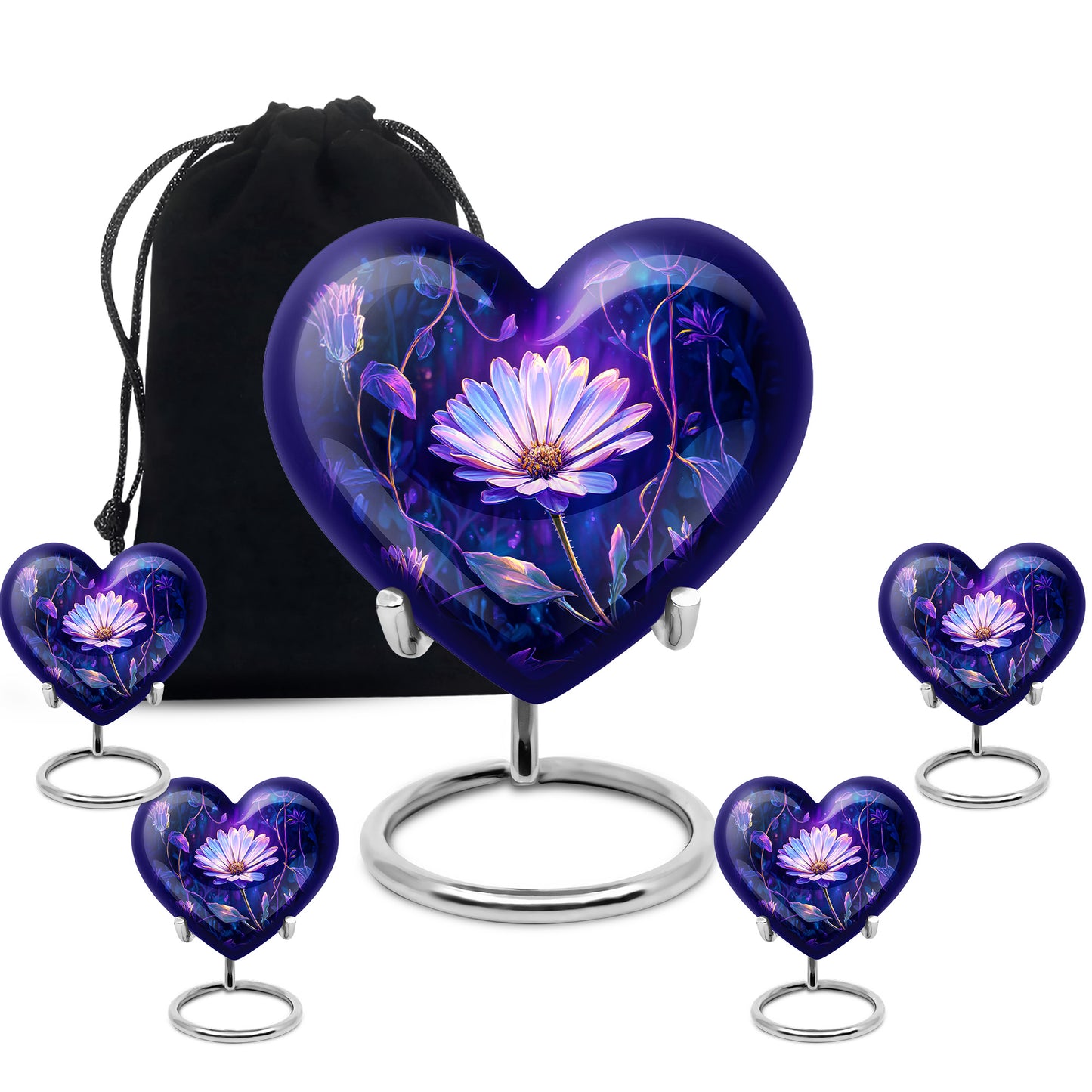 Sky Blue Daisy Cremation Urn close-up of engraving and surface detail - heart-shaped daisy design symbolizing eternal love - memorial set with one large and four small urns
