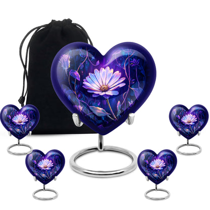 Sky Blue Daisy Cremation Urn close-up of engraving and surface detail - heart-shaped daisy design symbolizing eternal love - memorial set with one large and four small urns