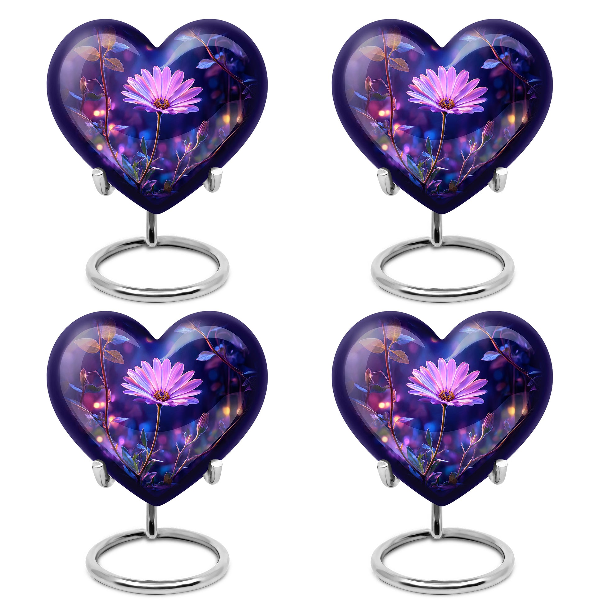 Misty Blue Daisy Cremation Urn angled view of lid and engraved motif - loving heart memorial featuring daisy pattern - 10 inch aluminum urn for cremated remains