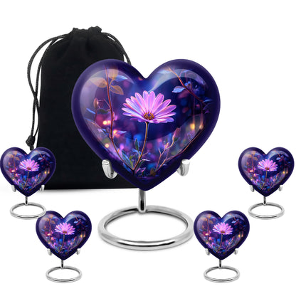 Sky Blue Daisy Cremation Urn close-up of engraving and surface detail - loving heart memorial featuring daisy pattern - memorial set with one large and four small urns