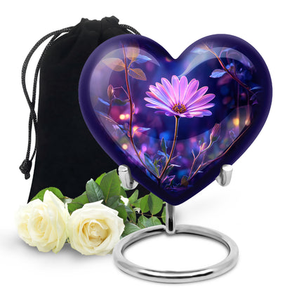 Pastel Blue Daisy Cremation Urn detail view - loving heart memorial featuring daisy pattern - full-size 10 inch 200 cubic inch adult cremation urn