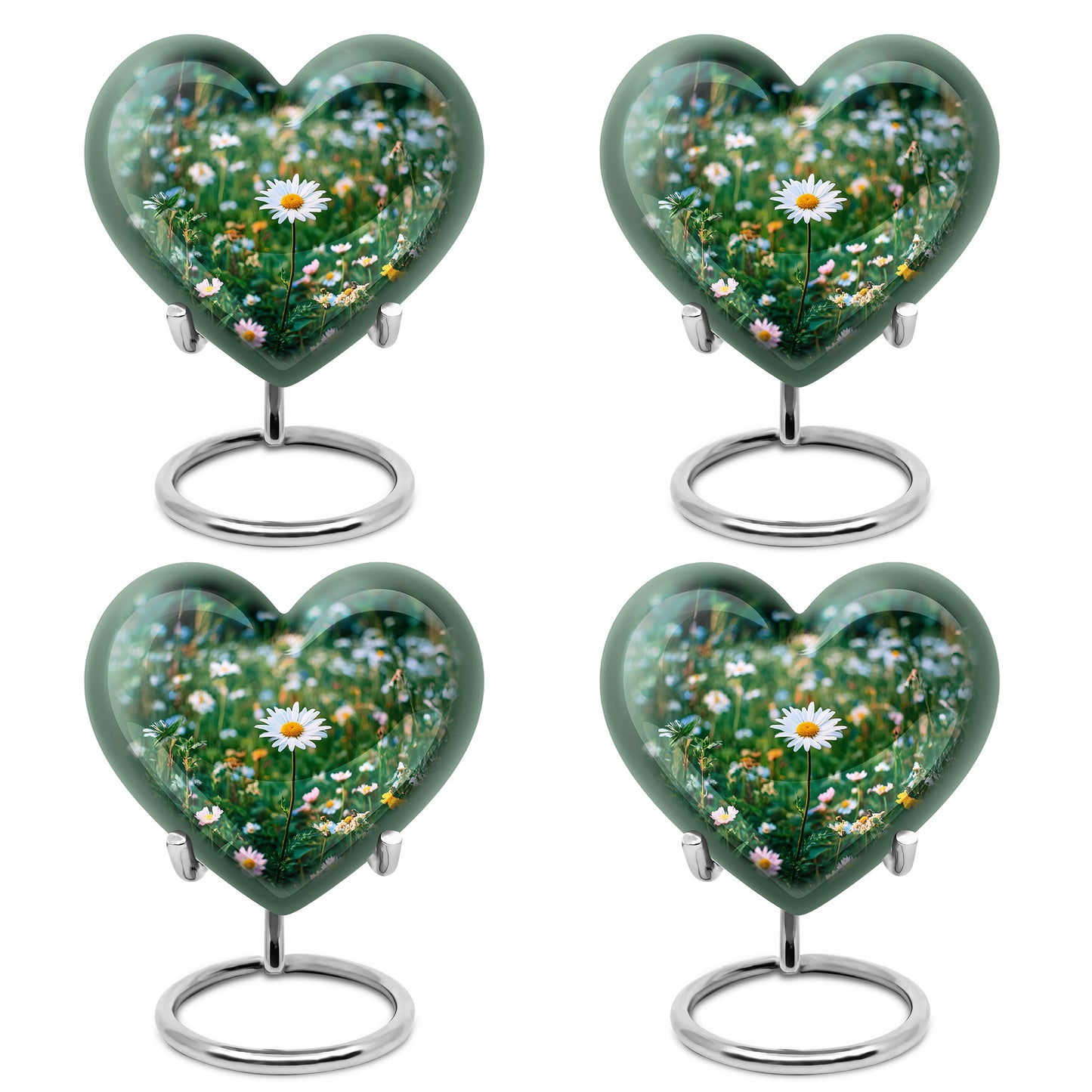 Olive Green Daisy Cremation Urn angled view of lid and engraved motif - compassionate heart-daisy combination with gentle curves - 10 inch aluminum urn for cremated remains