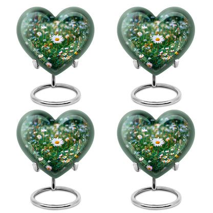 Olive Green Daisy Cremation Urn angled view of lid and engraved motif - compassionate heart-daisy combination with gentle curves - 10 inch aluminum urn for cremated remains
