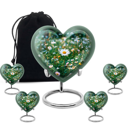 Olive Green Daisy Cremation Urn close-up of engraving and surface detail - compassionate heart-daisy combination with gentle curves - memorial set with one large and four small urns