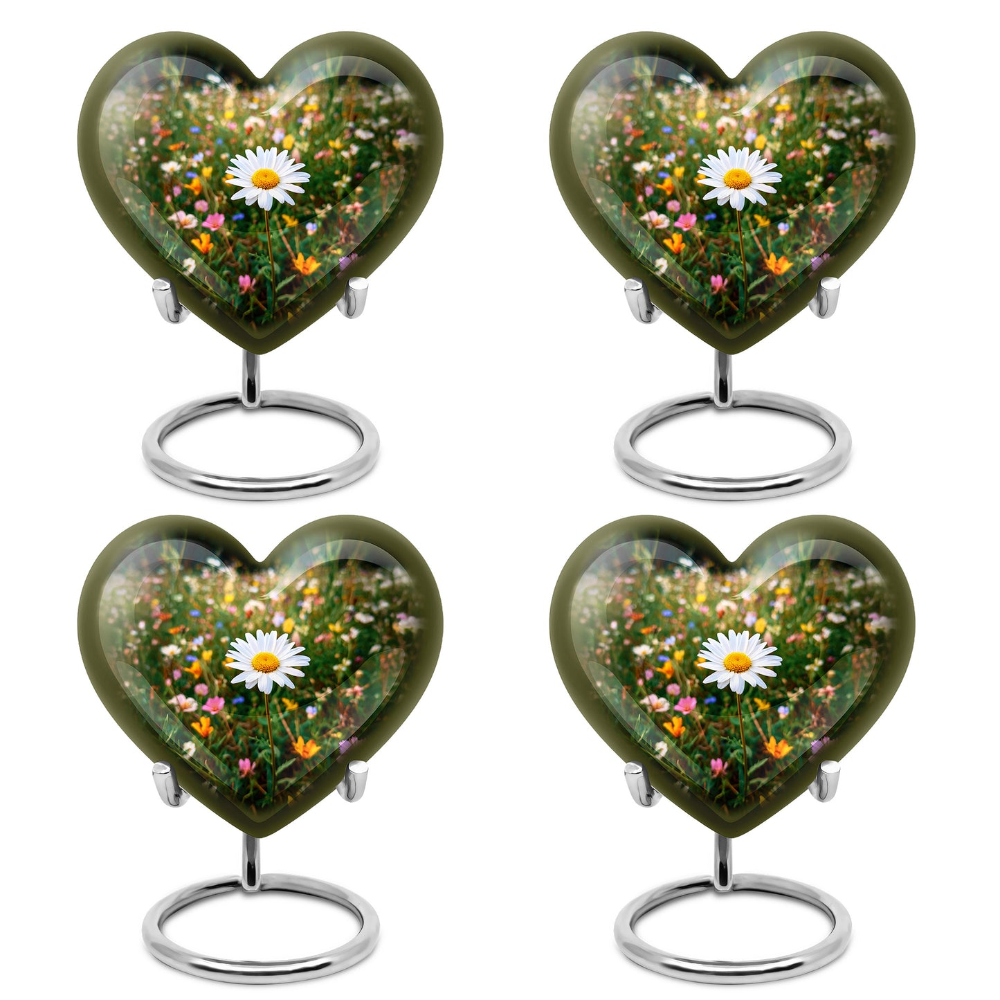 Verdant Green Daisy Cremation Urn angled view of lid and engraved motif - loving heart memorial featuring daisy pattern - 10 inch aluminum urn for cremated remains