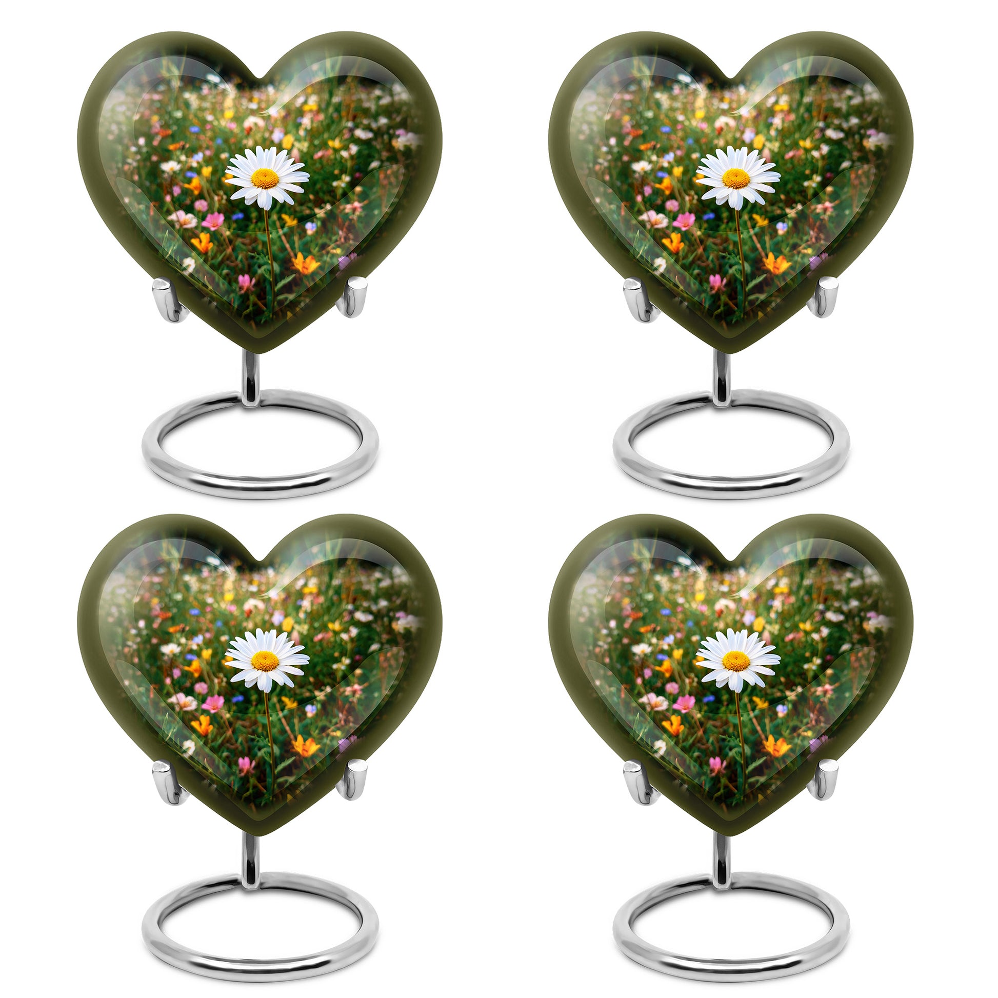 Verdant Green Daisy Cremation Urn angled view of lid and engraved motif - loving heart memorial featuring daisy pattern - 10 inch aluminum urn for cremated remains