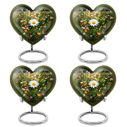 Verdant Green Daisy Cremation Urn angled view of lid and engraved motif - loving heart memorial featuring daisy pattern - 10 inch aluminum urn for cremated remains