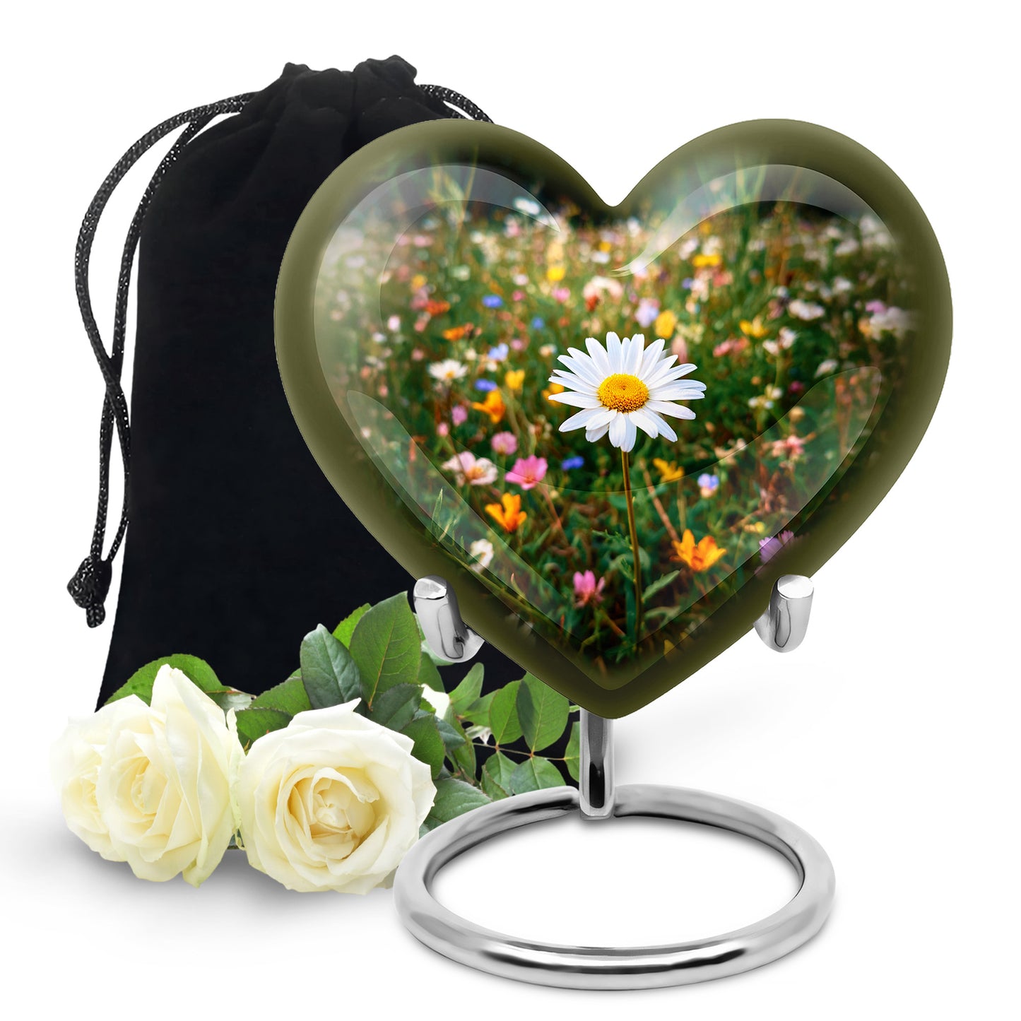 Mint Green Daisy Cremation Urn detail view - romantic heart urn with daisy motif on aluminum - full-size 10 inch 200 cubic inch adult cremation urn