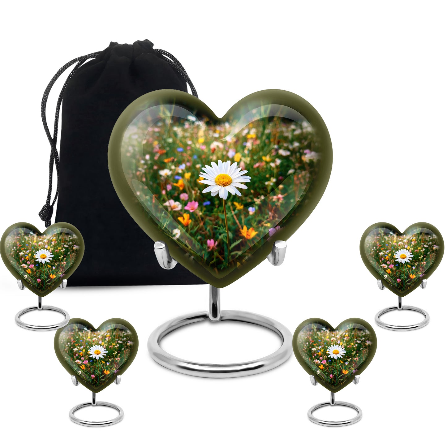 Mint Green Daisy Cremation Urn close-up of engraving and surface detail - romantic heart urn with daisy motif on aluminum - memorial set with one large and four small urns