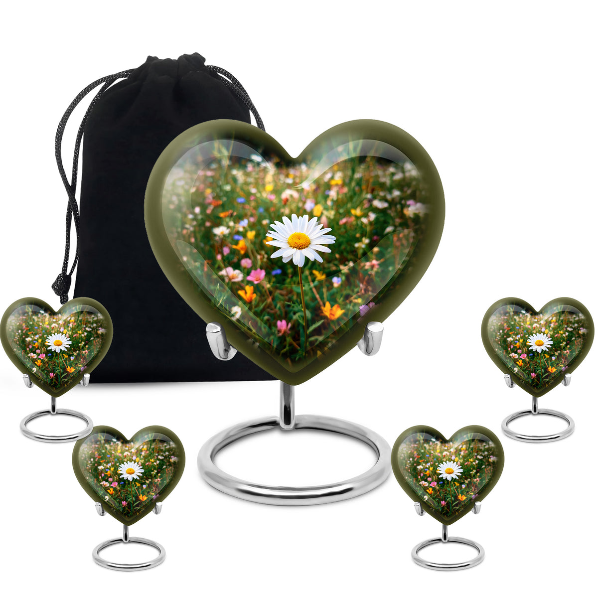 Mint Green Daisy Cremation Urn close-up of engraving and surface detail - romantic heart urn with daisy motif on aluminum - memorial set with one large and four small urns