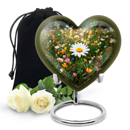 Mint Green Daisy Cremation Urn detail view - romantic heart urn with daisy motif on aluminum - full-size 10 inch 200 cubic inch adult cremation urn