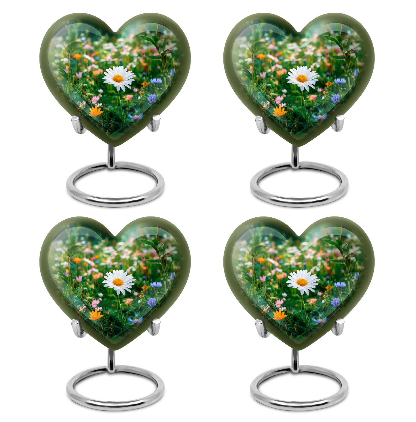 Sage Green Daisy Cremation Urn angled view of lid and engraved motif - loving heart memorial featuring daisy pattern - 10 inch aluminum urn for cremated remains