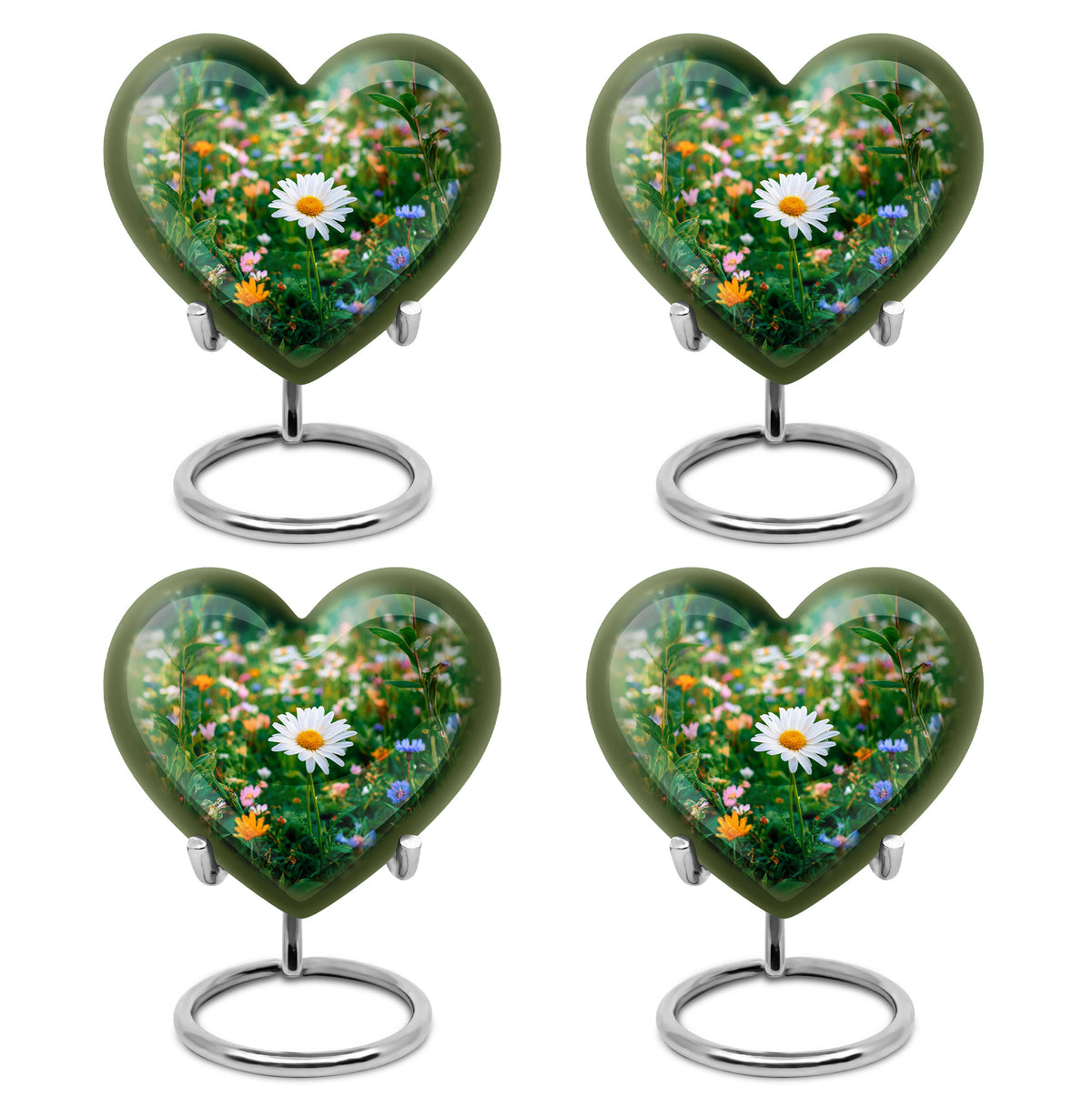 Sage Green Daisy Cremation Urn angled view of lid and engraved motif - loving heart memorial featuring daisy pattern - 10 inch aluminum urn for cremated remains
