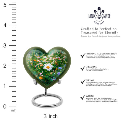 Hunter Green Daisy Cremation Urn front view showing detailed design - compassionate heart-daisy combination with gentle curves - mini keepsake memorial for portion of cremation ashes