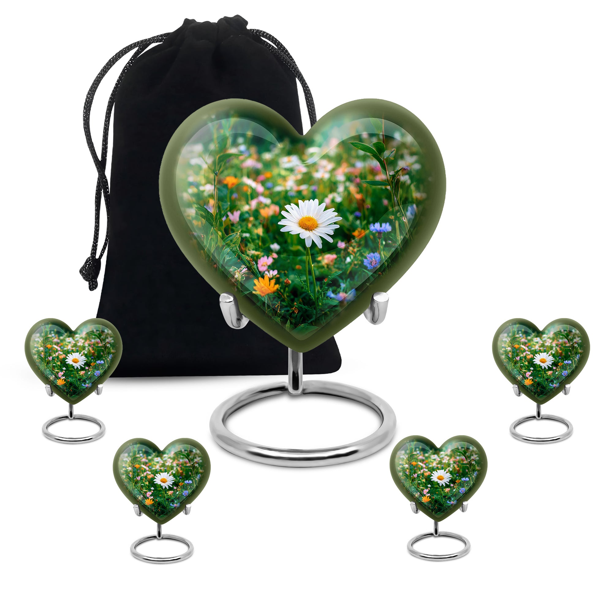 Emerald Green Daisy Cremation Urn close-up of engraving and surface detail - heart-shaped daisy design symbolizing eternal love - memorial set with one large and four small urns