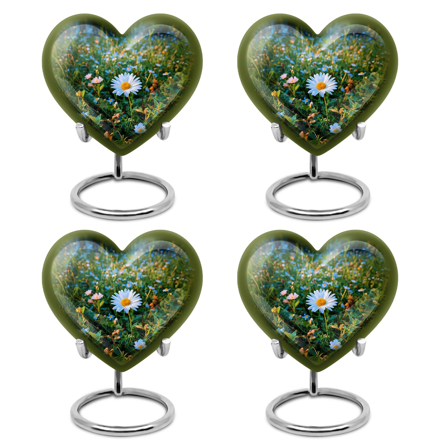 Sea Green Teal Daisy Cremation Urn angled view of lid and engraved motif - loving heart memorial featuring daisy pattern - 10 inch aluminum urn for cremated remains