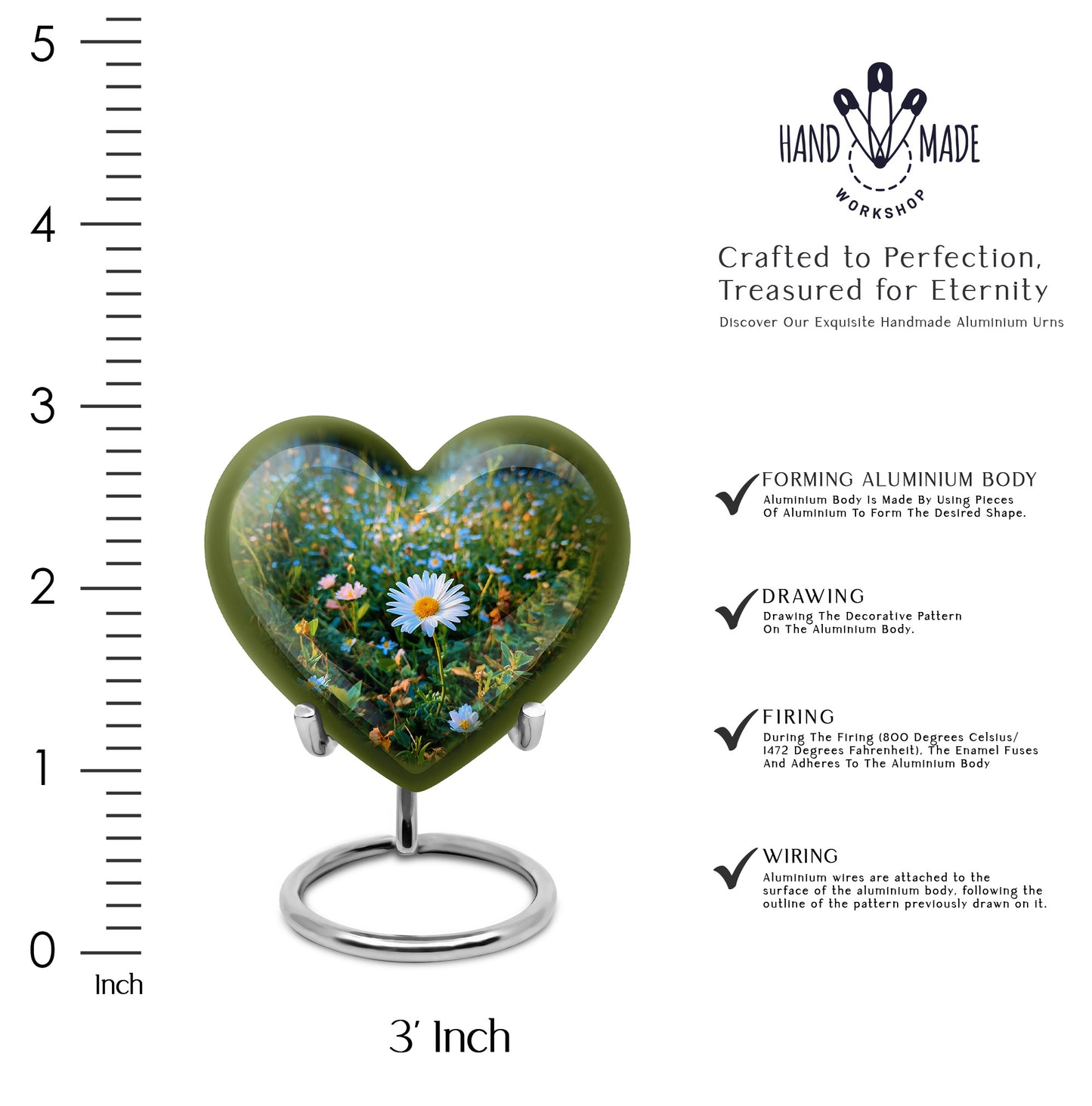 Soft Teal Daisy Cremation Urn front view showing detailed design - heart-shaped daisy design symbolizing eternal love - mini keepsake memorial for portion of cremation ashes