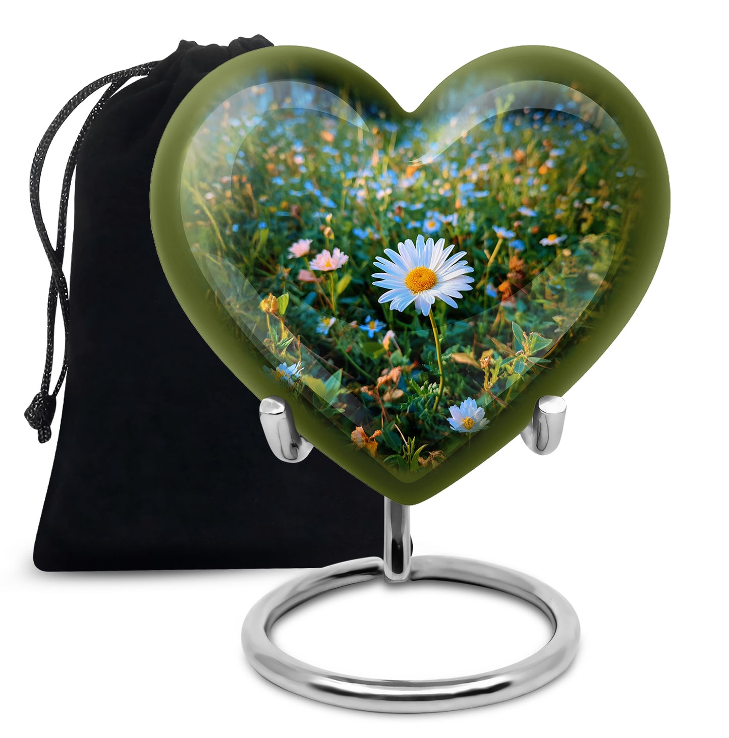 Ocean Teal Daisy Cremation Urn detail view - loving heart memorial featuring daisy pattern - full-size 10 inch 200 cubic inch adult cremation urn