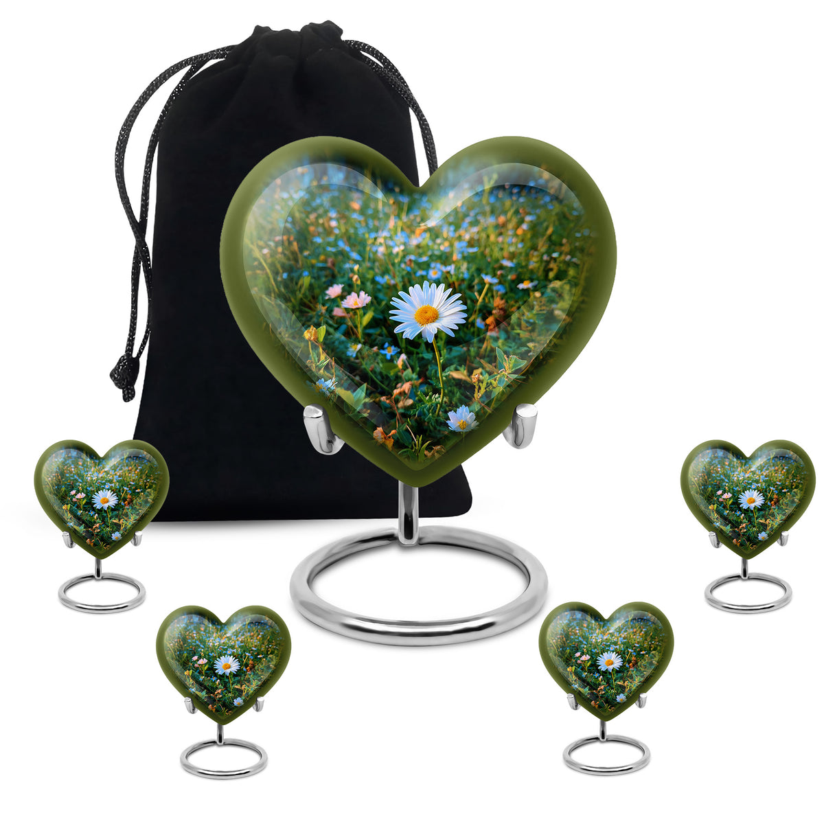 Mystic Teal Daisy Cremation Urn close-up of engraving and surface detail - romantic heart urn with daisy motif on aluminum - memorial set with one large and four small urns