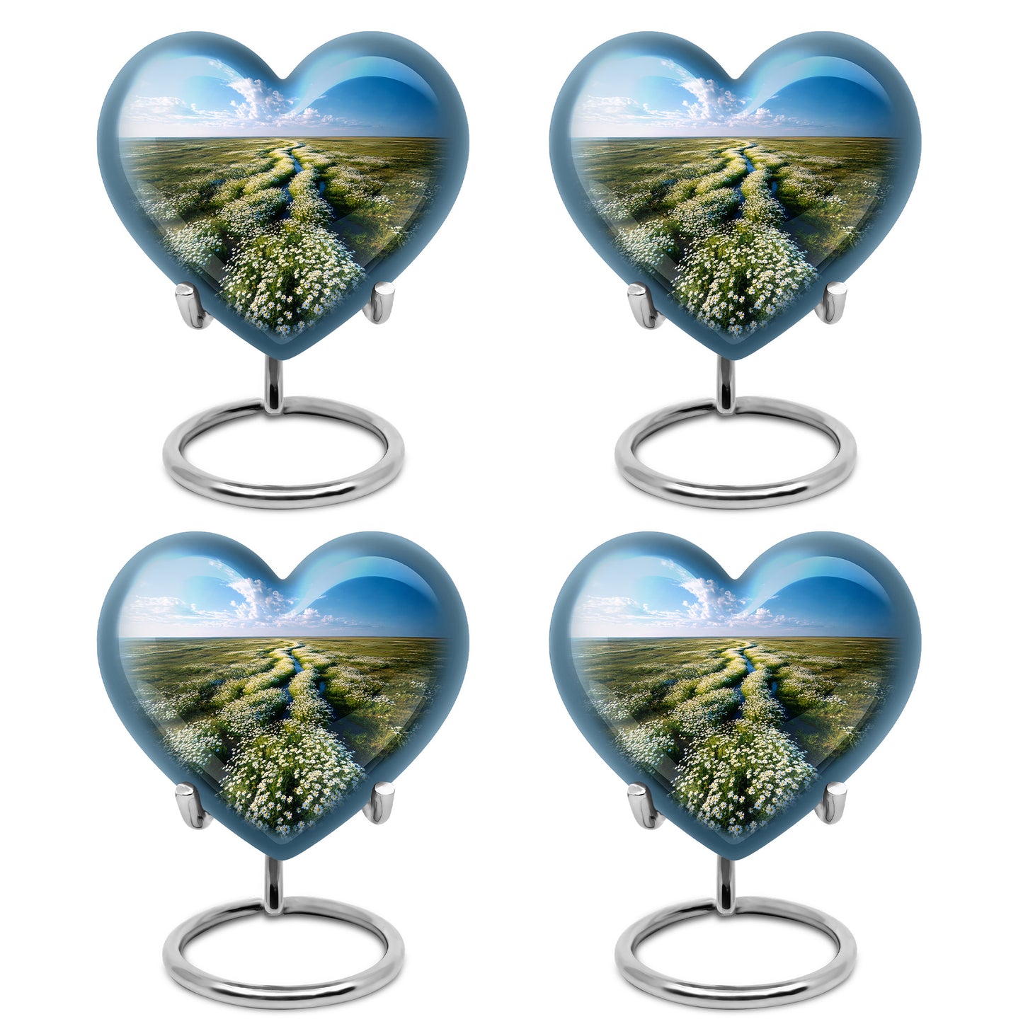 Sky Blue Daisy Cremation Urn angled view of lid and engraved motif - heart-shaped daisy design symbolizing eternal love - 10 inch aluminum urn for cremated remains