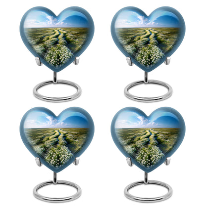 Sky Blue Daisy Cremation Urn angled view of lid and engraved motif - heart-shaped daisy design symbolizing eternal love - 10 inch aluminum urn for cremated remains