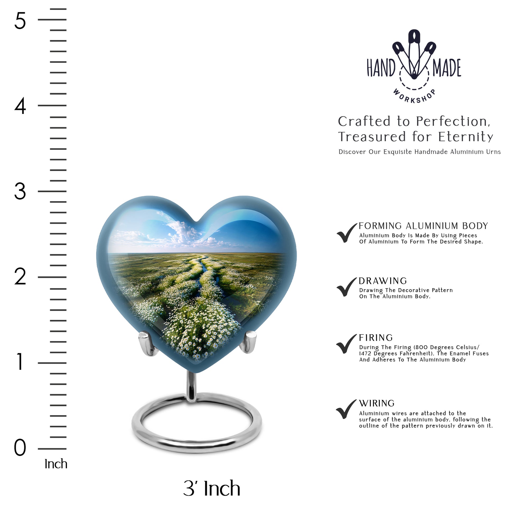 Pastel Blue Daisy Cremation Urn front view showing detailed design - loving heart memorial featuring daisy pattern - mini keepsake memorial for portion of cremation ashes
