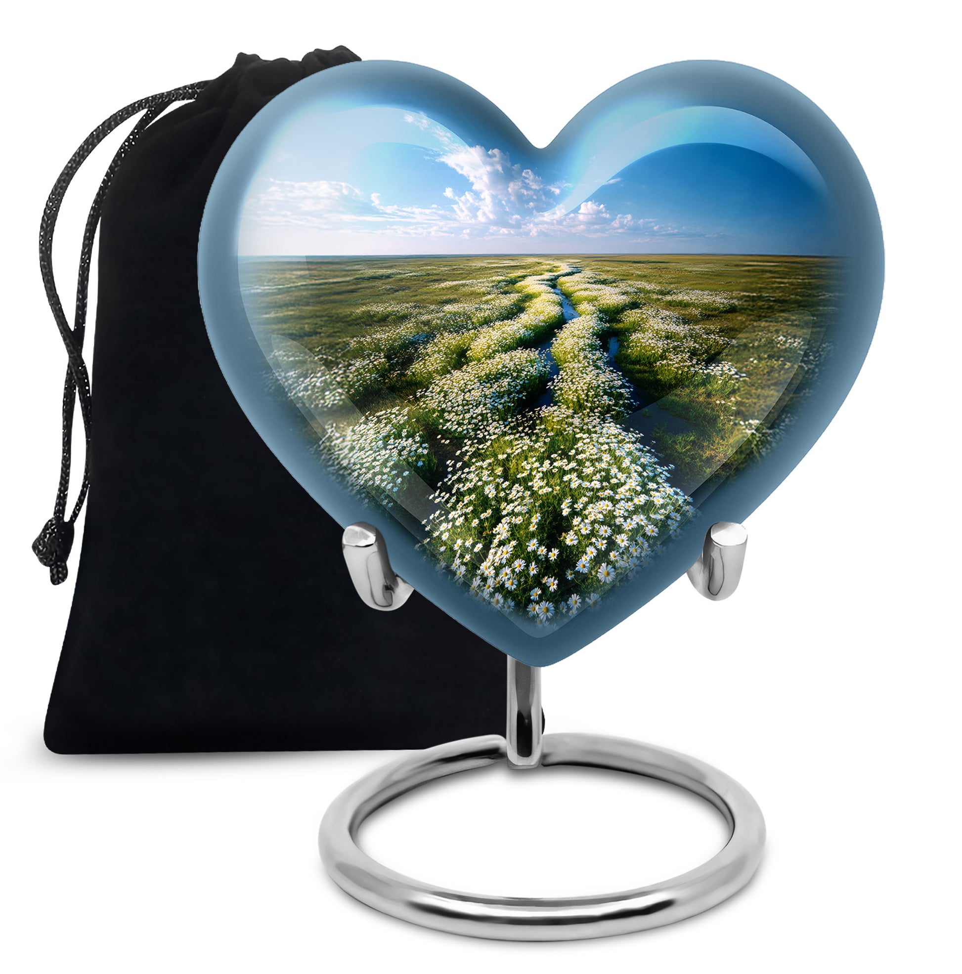 Sapphire Blue Daisy Cremation Urn detail view - compassionate heart-daisy combination with gentle curves - full-size 10 inch 200 cubic inch adult cremation urn