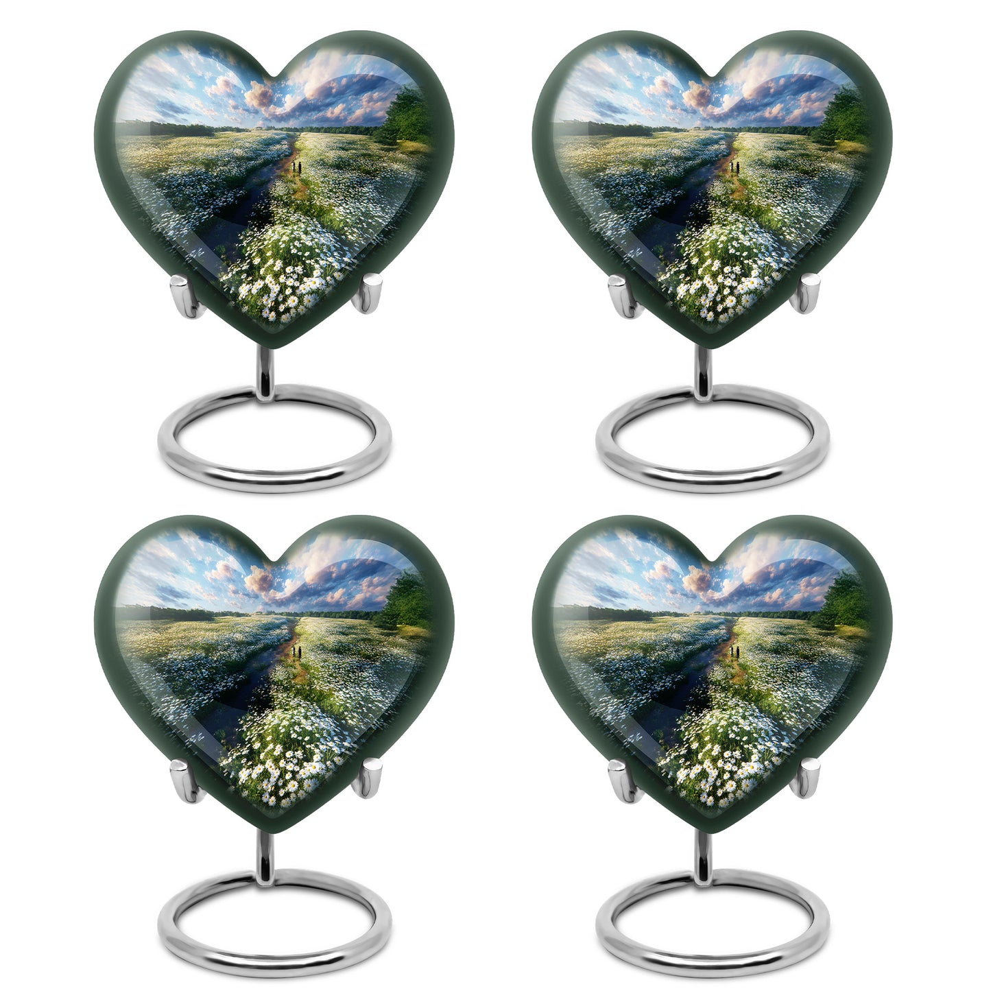 Serene Blue Daisy Cremation Urn angled view of lid and engraved motif - romantic heart urn with daisy motif on aluminum - 10 inch aluminum urn for cremated remains