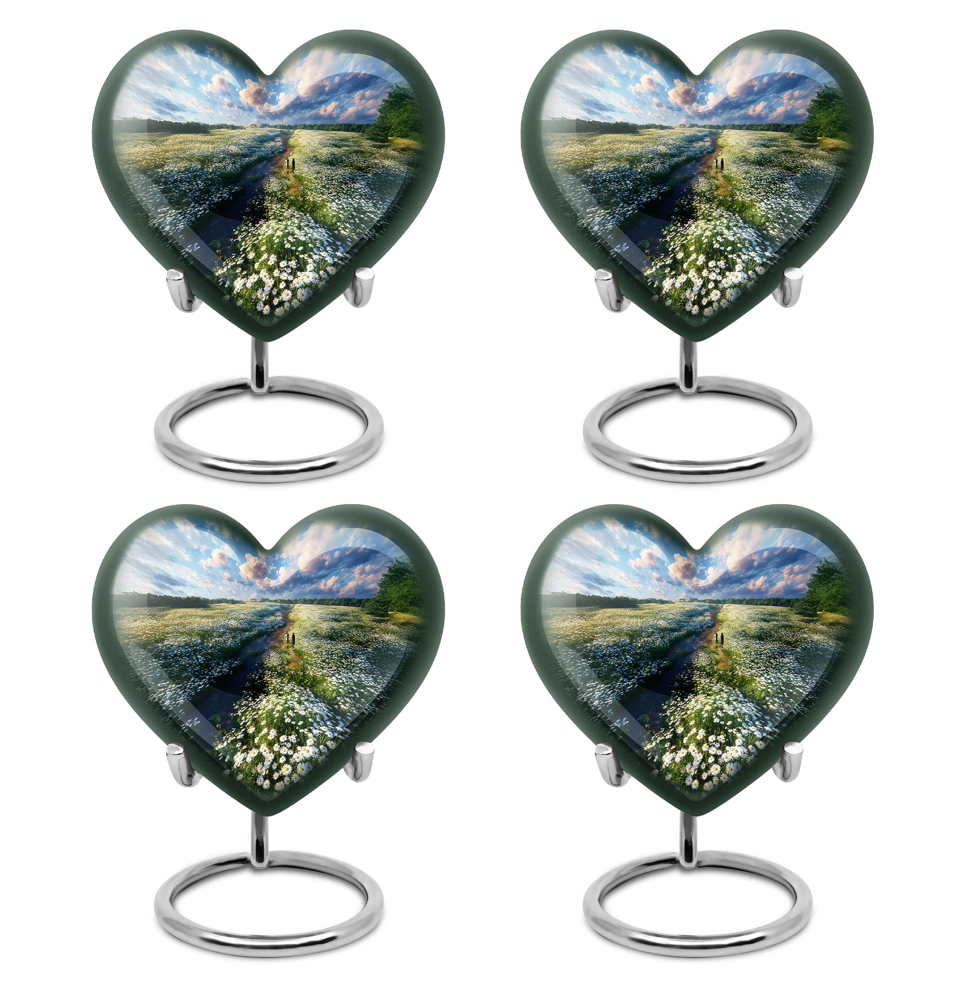 Serene Blue Daisy Cremation Urn angled view of lid and engraved motif - romantic heart urn with daisy motif on aluminum - 10 inch aluminum urn for cremated remains