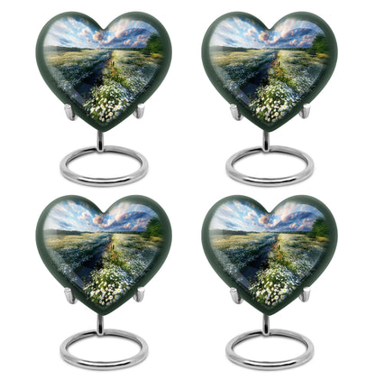 Serene Blue Daisy Cremation Urn angled view of lid and engraved motif - romantic heart urn with daisy motif on aluminum - 10 inch aluminum urn for cremated remains