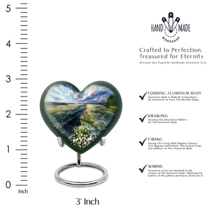 Twilight Blue Daisy Cremation Urn front view showing detailed design - compassionate heart-daisy combination with gentle curves - mini keepsake memorial for portion of cremation ashes