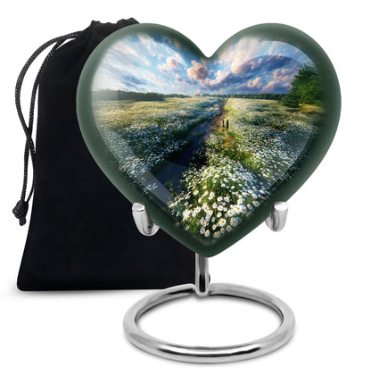 Twilight Blue Daisy Cremation Urn detail view - romantic heart urn with daisy motif on aluminum - full-size 10 inch 200 cubic inch adult cremation urn