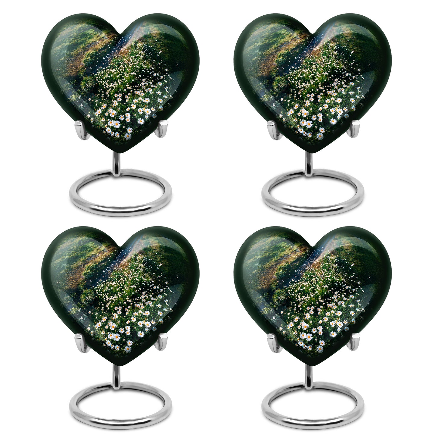 Hunter Green Daisy Cremation Urn angled view of lid and engraved motif - romantic heart urn with daisy motif on aluminum - 10 inch aluminum urn for cremated remains