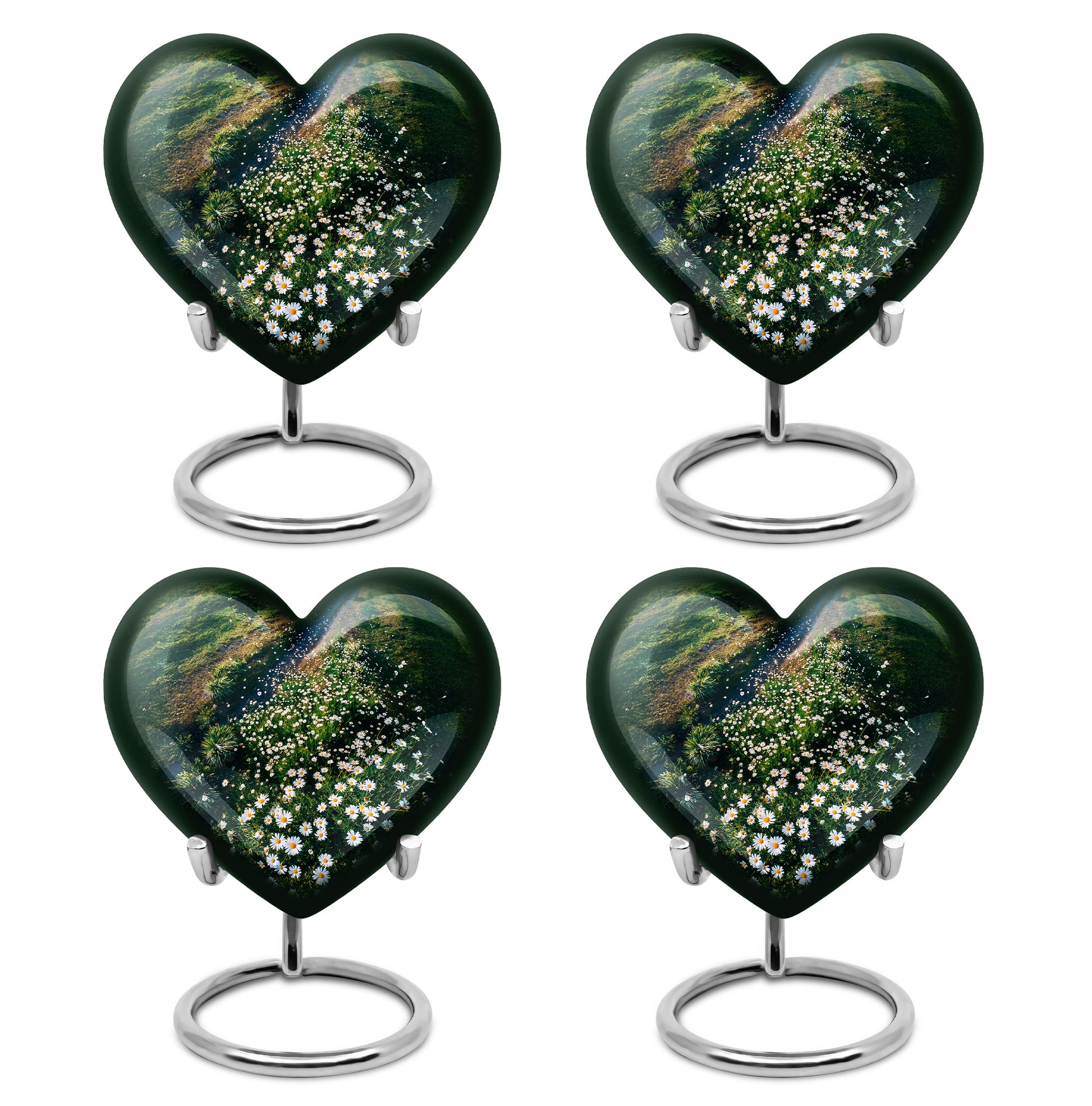 Hunter Green Daisy Cremation Urn angled view of lid and engraved motif - romantic heart urn with daisy motif on aluminum - 10 inch aluminum urn for cremated remains