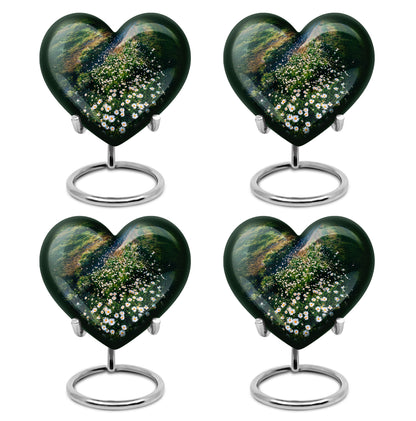 Hunter Green Daisy Cremation Urn angled view of lid and engraved motif - romantic heart urn with daisy motif on aluminum - 10 inch aluminum urn for cremated remains