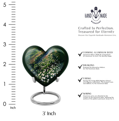 Mint Green Daisy Cremation Urn front view showing detailed design - compassionate heart-daisy combination with gentle curves - mini keepsake memorial for portion of cremation ashes