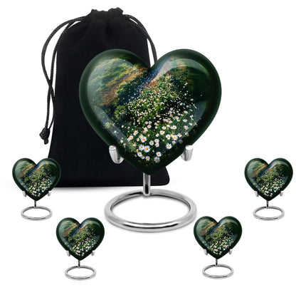 Hunter Green Daisy Cremation Urn close-up of engraving and surface detail - romantic heart urn with daisy motif on aluminum - memorial set with one large and four small urns