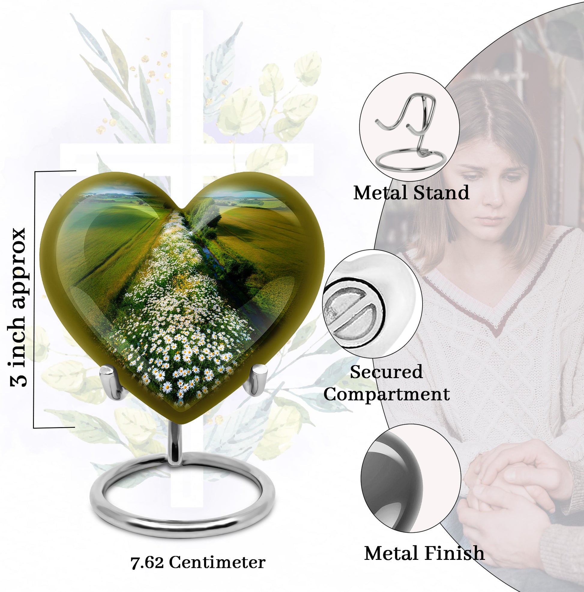 Sapphire Blue Daisy Cremation Urn front view showing detailed design - compassionate heart-daisy combination with gentle curves - mini keepsake memorial for portion of cremation ashes