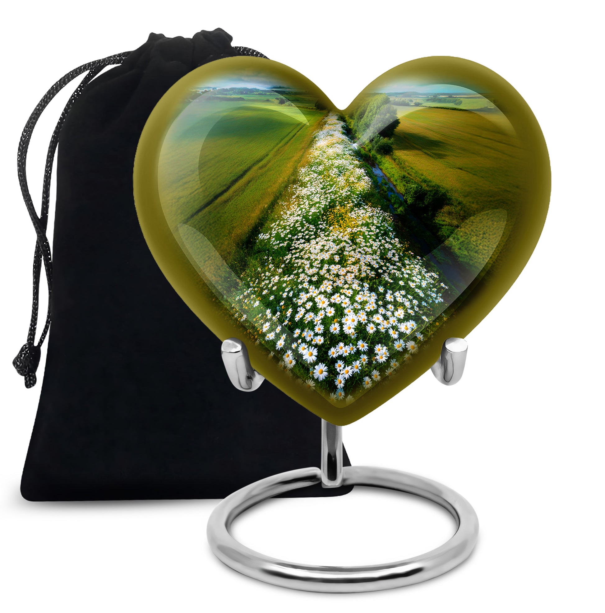 Sapphire Blue Daisy Cremation Urn detail view - compassionate heart-daisy combination with gentle curves - full-size 10 inch 200 cubic inch adult cremation urn