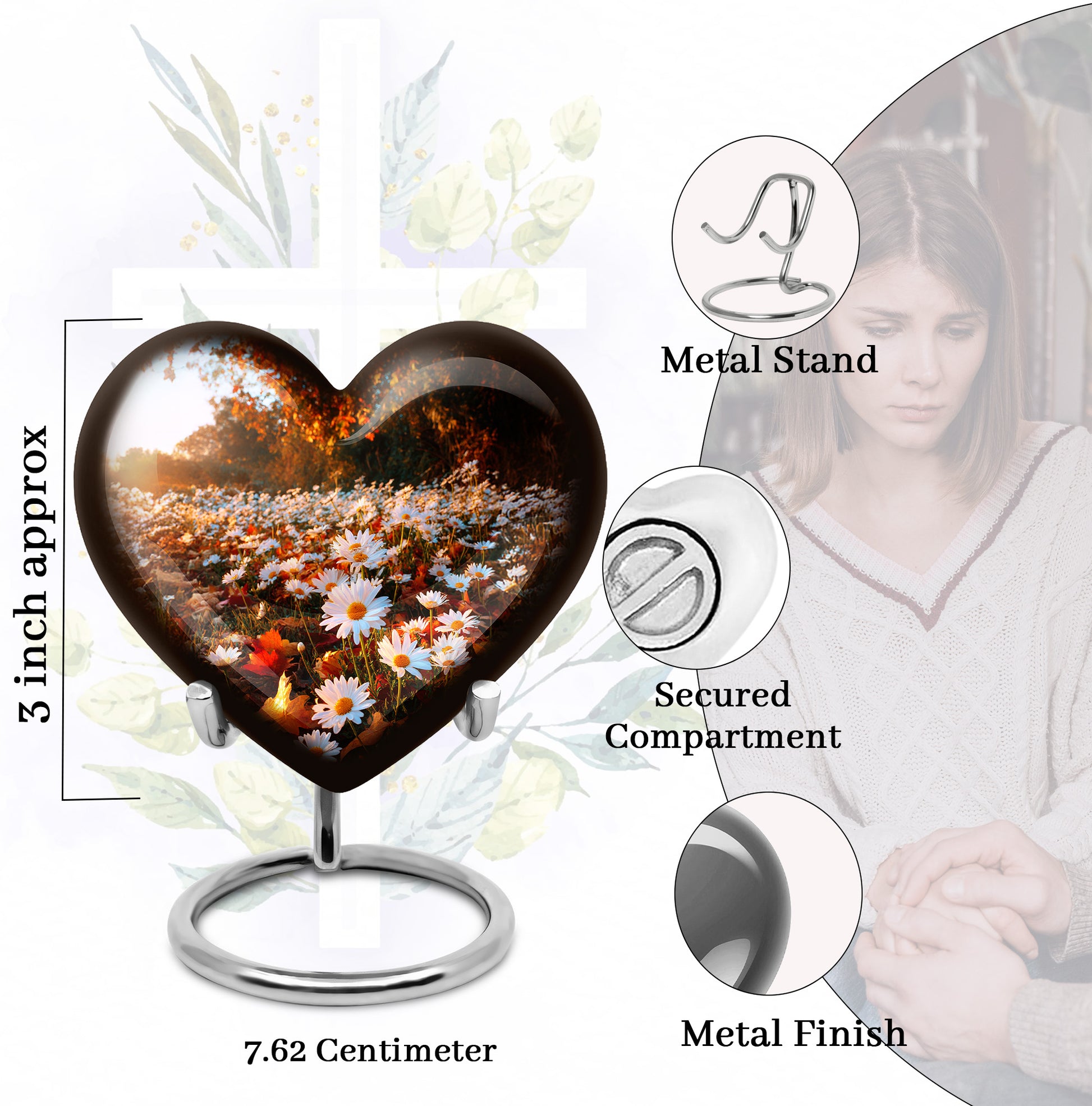 Burnished Gold Daisy Cremation Urn front view showing detailed design - compassionate heart-daisy combination with gentle curves - mini keepsake memorial for portion of cremation ashes