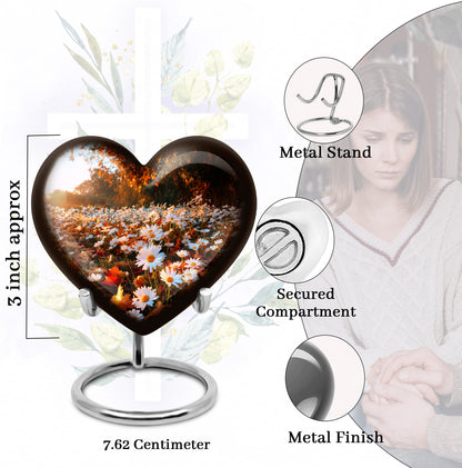 Burnished Gold Daisy Cremation Urn front view showing detailed design - compassionate heart-daisy combination with gentle curves - mini keepsake memorial for portion of cremation ashes