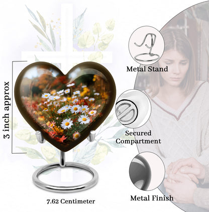 Sunrise Gold Daisy Cremation Urn front view showing detailed design - heart-shaped daisy design symbolizing eternal love - mini keepsake memorial for portion of cremation ashes