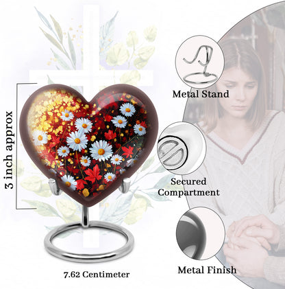 Harvest Gold Daisy Cremation Urn front view showing detailed design - compassionate heart-daisy combination with gentle curves - mini keepsake memorial for portion of cremation ashes