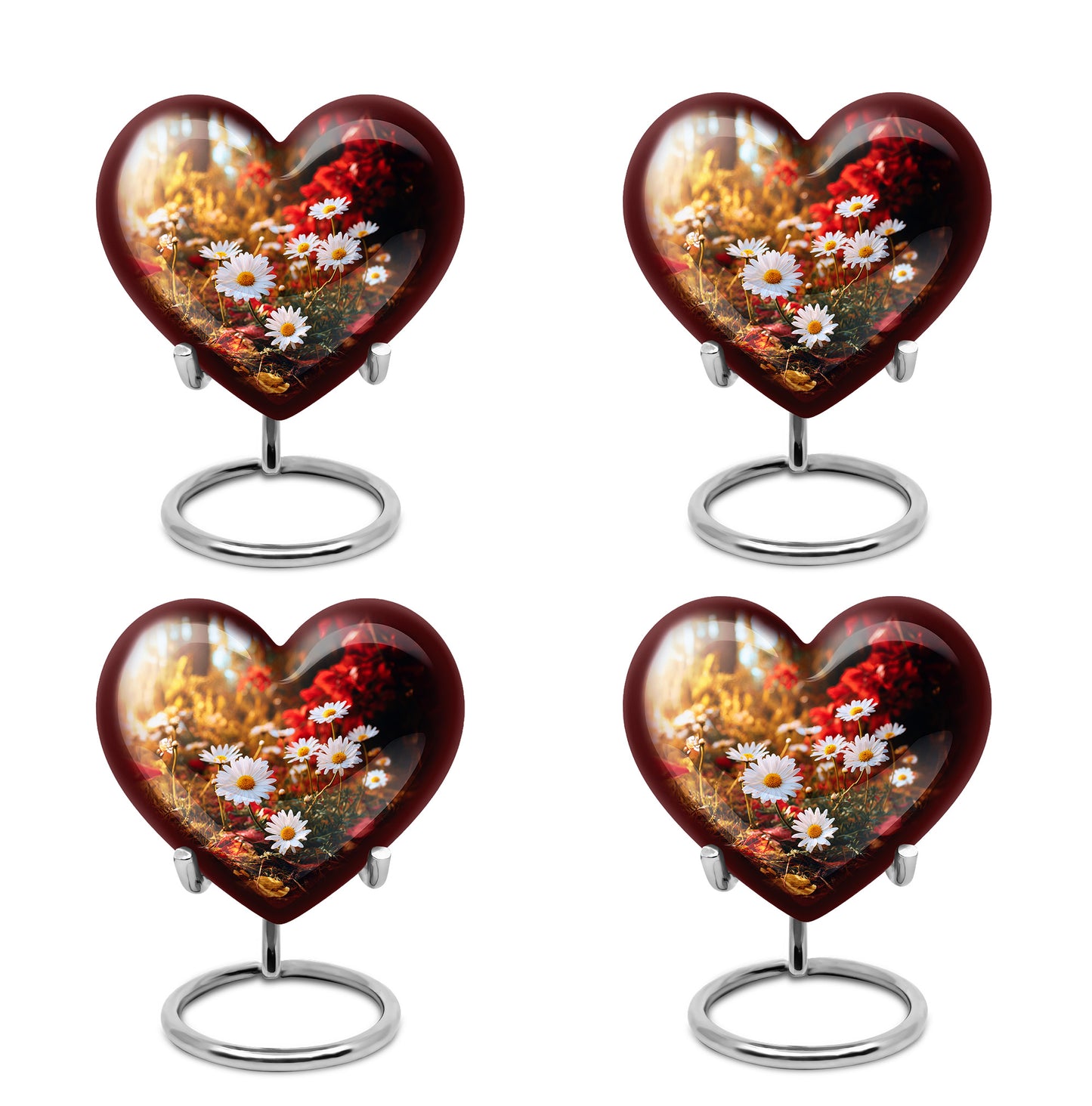 Amber Gold Daisy Cremation Urn angled view of lid and engraved motif - loving heart memorial featuring daisy pattern - 10 inch aluminum urn for cremated remains